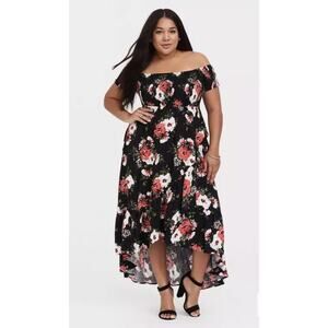 Torrid Size 4 Maxi Challis Off-Shoulder Dress Black Red Florals
